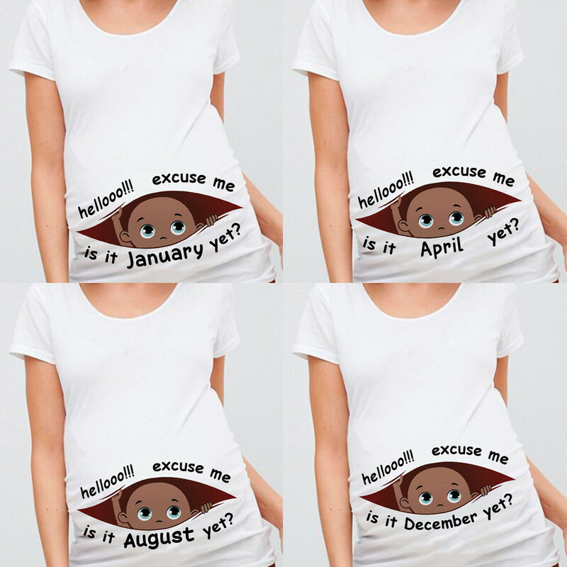 المعذرة هو يناير حتى الآن 12 شهر الصيف الأمومة الحمل تي شيرت المرأة المحملة الأسود الطفل طباعة ملابس الحوامل تي شيرت