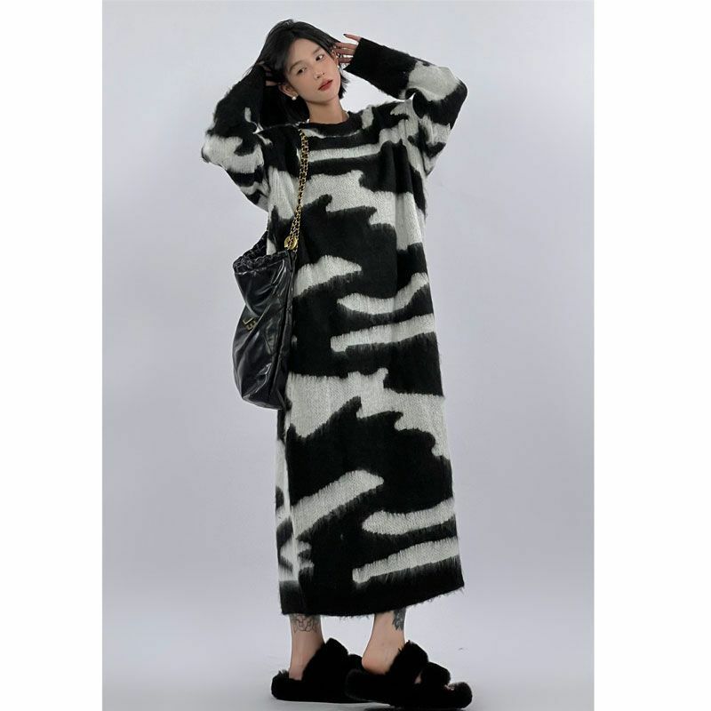 Outono/inverno 2022 nova camisola mahai solto malha moda zebra camisola topos feminino 2022 o-pescoço casual