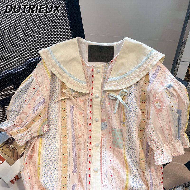 Женские топы, летняя милая ретро блузка в полоску в японском стиле с милым бантом, рубашка контрастных цветов с матросским воротником и короткими рукавами