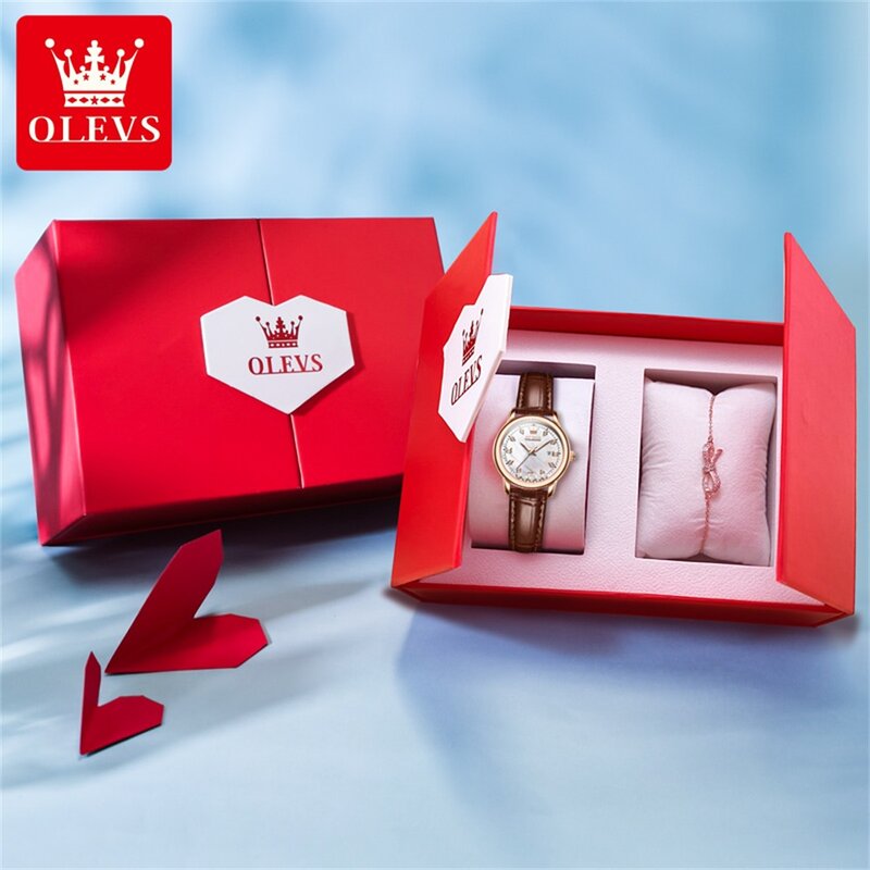 OLEVS-Relógio de pulso feminino quartzo luminoso impermeável, relógio bracelete de luxo, caixa de presente, pulseira de couro, novo