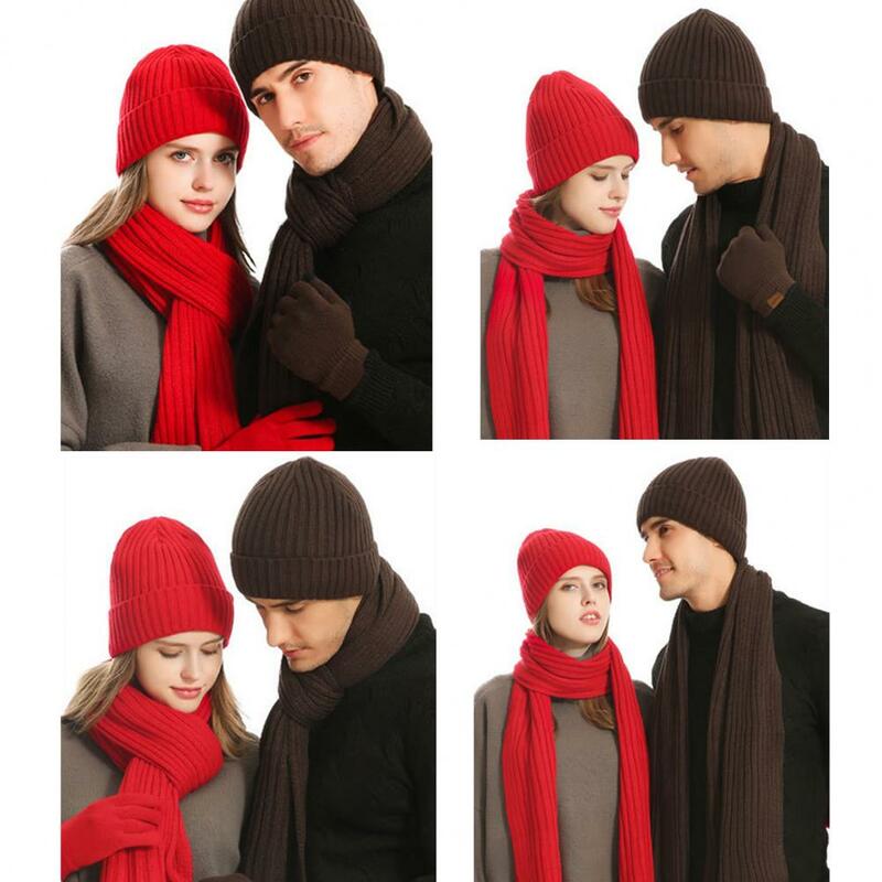 Setelan Topi syal sarung tangan 3 potong, setelan topi syal musim dingin untuk uniseks bergaris warna Solid tebal hangat elastis Anti selip leher