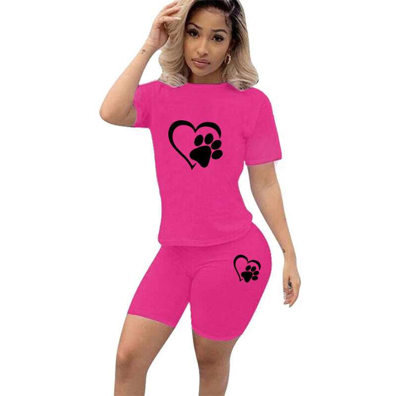 Two-piece Fashion Womens Clothing Short-sleeved Crew Neck T-shirt and Tight-fitting Shorts Tracksuit Outfit