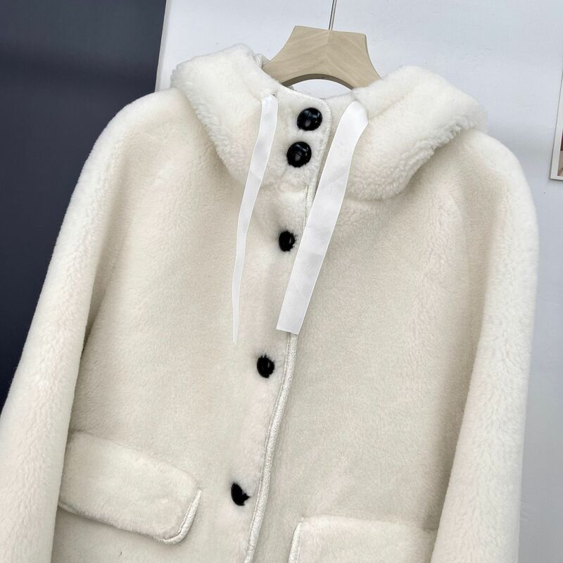 2023 зимнее шерстяное меховое пальто с капюшоном Женский утепленный корейский свитер средней длины Широкий свободный крой