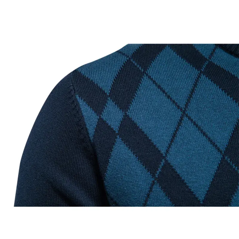 Suéter de malha xadrez de manga comprida masculino, pulôver masculino, suéteres casuais, gola meia alta, zíper, moda britânica, alta qualidade, inverno