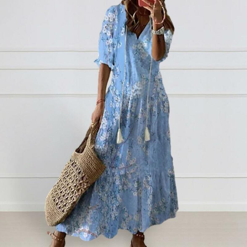 Women Loose Fit Dress Floral Print A-line Maxi Dress with Tassel Detailing V Neckline Women's Vacation Beachwear for Summer