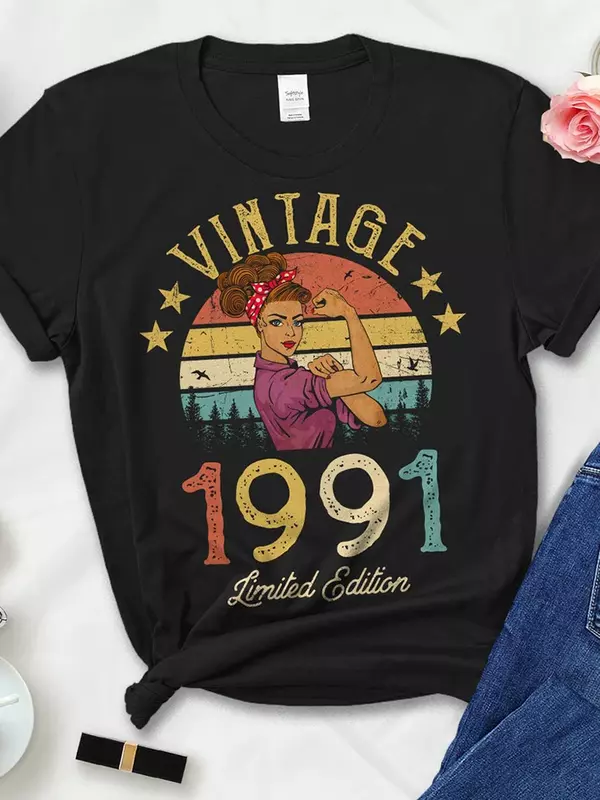 Koszulki damskie w stylu Vintage 1991 z limitowanej edycji Retro 33nd 33 lata prezent urodzinowy koszulki damskie letnie modny Top