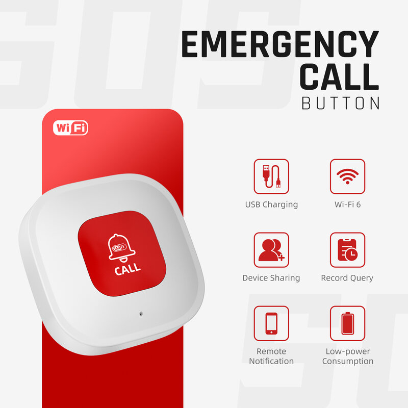 Emergency Alarm WiFi Smart Button for Home Security Alarm Systems Smart Wireless SOS Call for Seniors Patients Elderly At Home