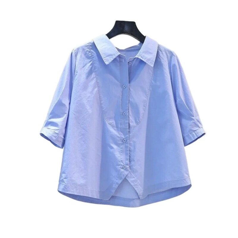 Summer New Korean Versatile Short Top Fashion Polo Collar Cardigan Single Breasted Solid Pleated Short Sleeve Casual Shirt Women