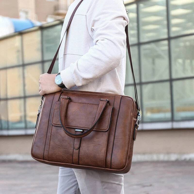 Men's Briefcase PU Leather Executive Casual Handbag Laptop Document Shoulder Business Vintage Messenger Crossbody Designer Bag