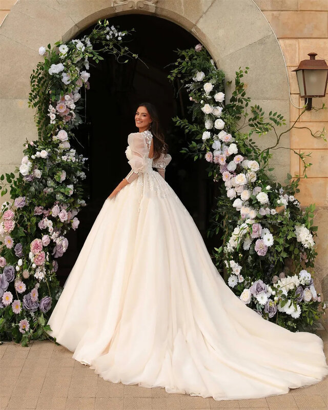 Sexy Beautiful Wedding Dresses Fascinating Exquisite Lace Applique Fluffy Long Sleeves Princess Style Mopping Bridal Gown 2023