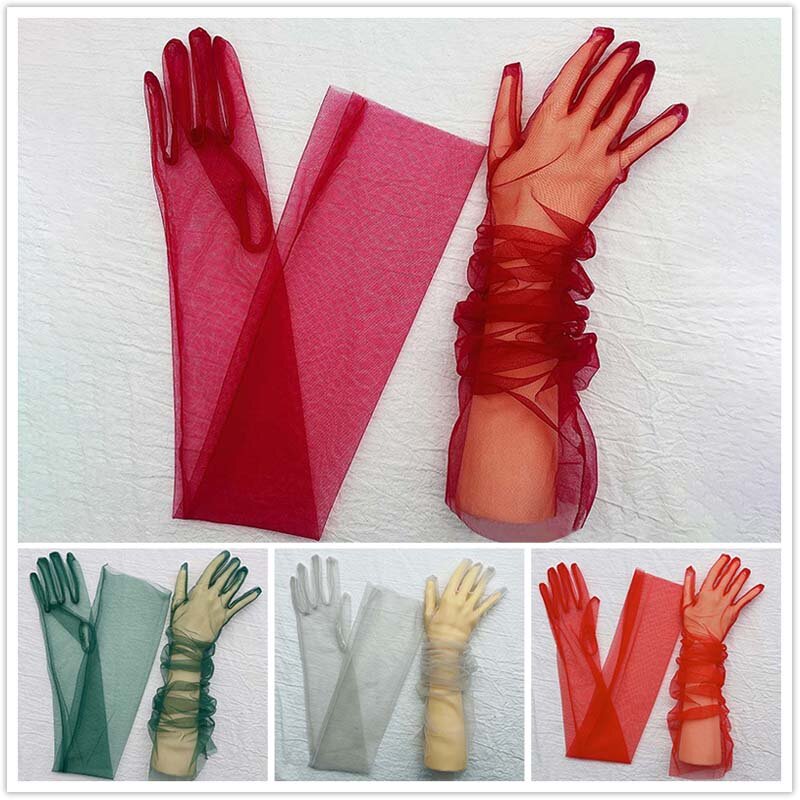 Long Sheer Tulle Gloves Ultra Thin Mesh Bride Gloves Full Finger Mittens Elbow Sexy Bride Wedding Party Halloween Accessories