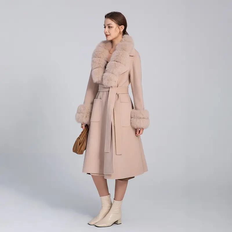 2024 Damen langen Woll mantel Winter lange Pelz jacken Luxus abnehmbare flauschige Herbst Fuchs Pelz Trench Lady Oberbekleidung s3565