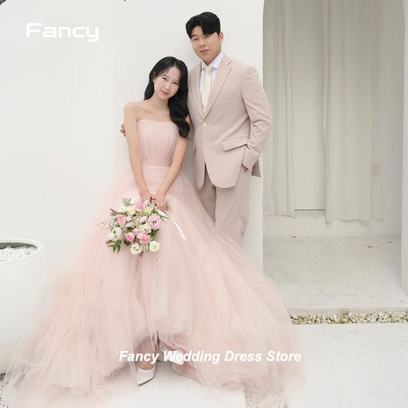Fancy Elegant Strapless Pink Wedding Dress Korea Photoshoot A Line Sleeveless Soft Tulle Bridal Gown Floor Length Evening Dress