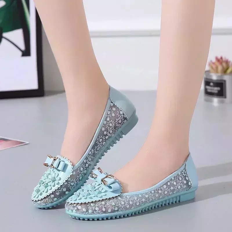 Slip-on Women Autumn Shoes Breathable Flat Casual Mesh Loafers Flat Appliques Bow Tie Soft Sole Comfortable Office Ladies Shoes