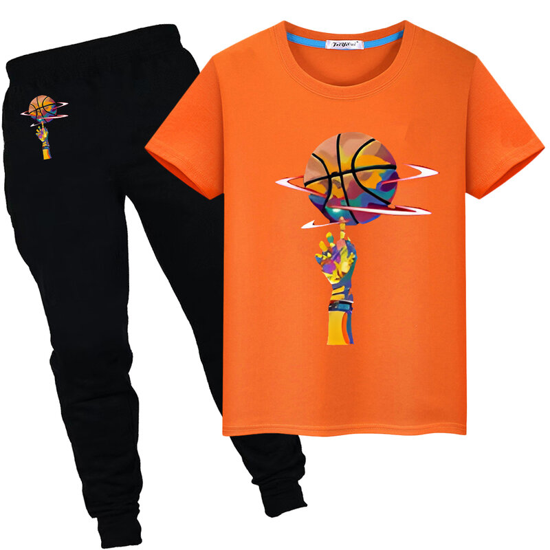 Kaus katun 100% motif bola basket, t-shirt katun musim panas imut, atasan olahraga y2k + celana, pakaian hadiah Hari Anak laki-laki dan perempuan