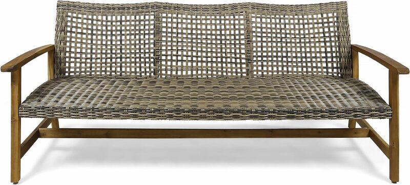 Christopher Knight Home-sofá de madera Marcia para exteriores, mimbre, 75,50x31,00x31,50, gris, acabado tintado Natural
