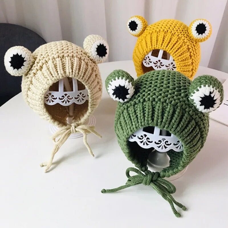 Funny Knitted Cap Fall And Winter Small Frog Cute Wind Children Cap Boys And Girls Tie Kids Cap Ear Protection Padded Baby Cap