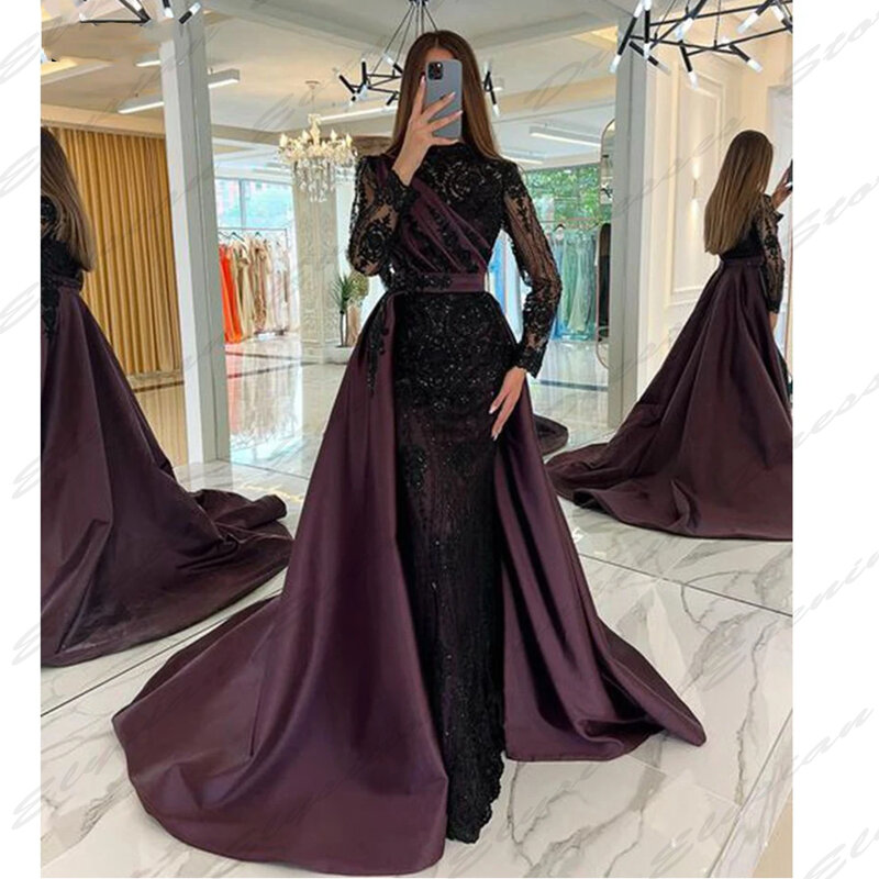 Fashion Gorgeous Satin Evening Dresses For Women High Necked Long Sleeved Fluffy Princess Style Simple Mopping Prom Gowns 2024