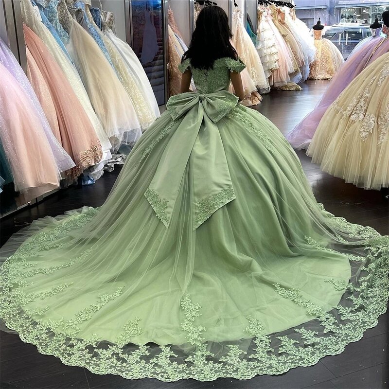 Abiti da principessa Quinceanera verde menta abito da ballo con spalle scoperte Appliques dolci 16 abiti 15 aecos messicano