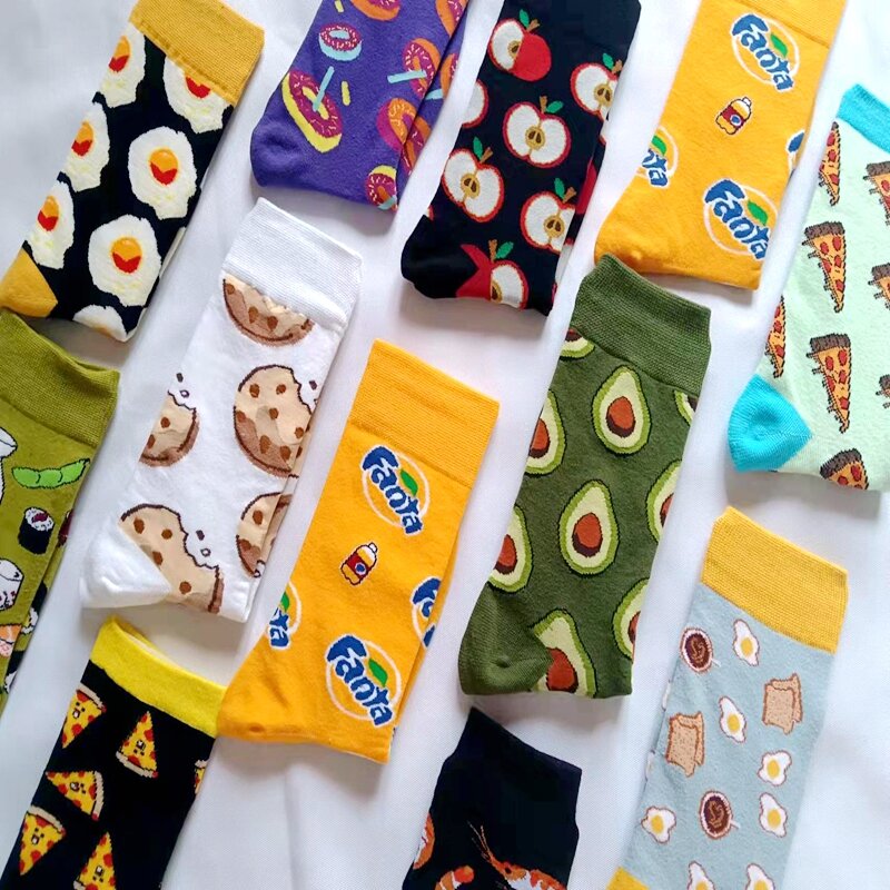 Calcetines de algodón para hombre y mujer, calcetín de dibujos animados, comida, fruta, creativo, divertido, tarta de huevo, aguacate, vestido de pie hermoso, Harajuku