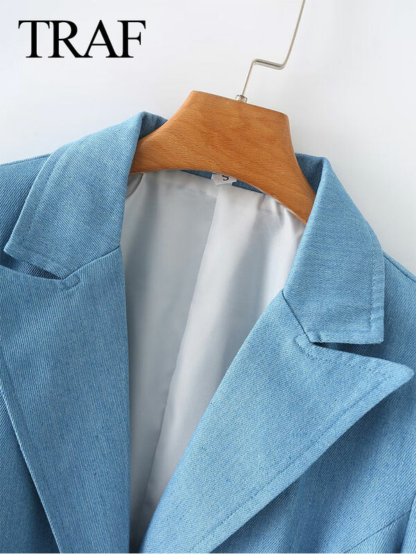 TRAF 2024 Spring Women's Trendy Blue Denim Blazer Solid Long Sleeves Pockets Elegant Single Button Lapel Chic Loose Causal Coats