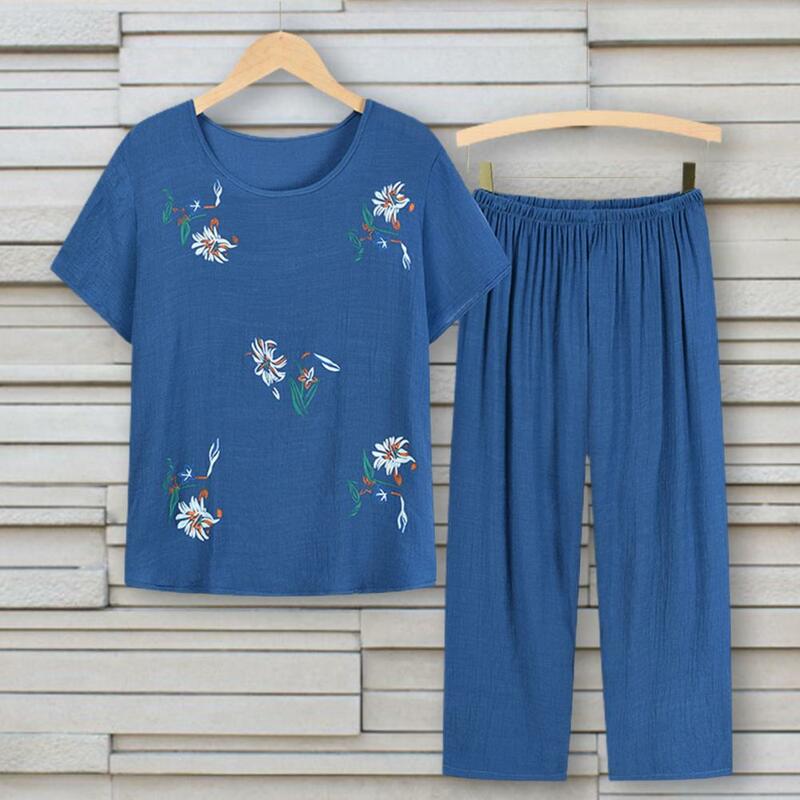 Piżamy damskie w średnim wieku zestaw O Neck z krótkim rękawem kwiatowy T-shirt z nadrukiem spodnie dwa kawałki lato luźny salon nosić garnitur odzież domowa