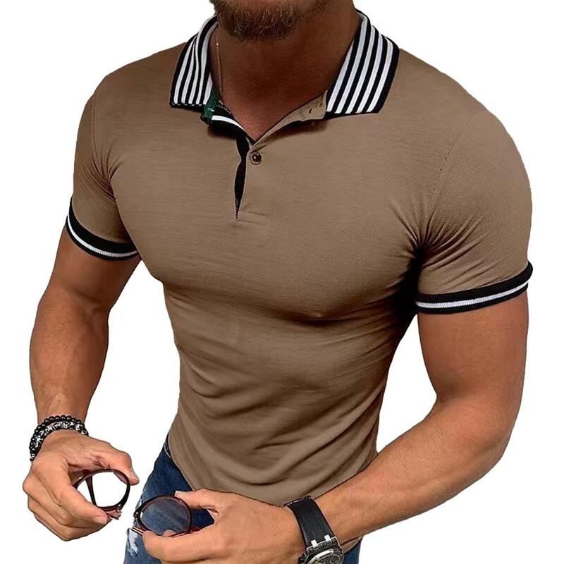 Widely Applicable High Quality T Shirt Men T Shirt Button Casual Lapel Men Regular Stripwd T Shirt Top For Men