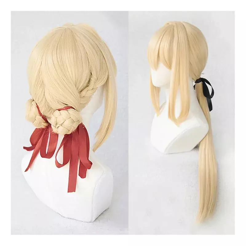 Harajuku Violet Evergarden jasny blond proste i warkocz peruka do Cosplay dla kobiet Halloween peruki odporne na ciepło