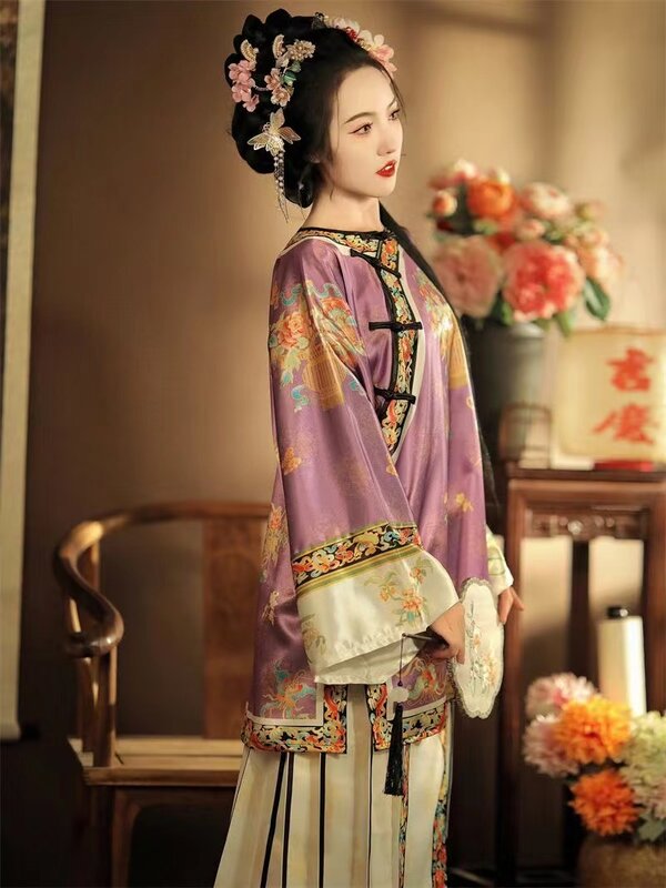 Oryginalna dynastia Qing damska Hanfu klasyczny skośny kołnierzyk wokół szyi drukowanie Han kostium dziewczęcy styl pałacowy zestaw spódnic z twarzą konia