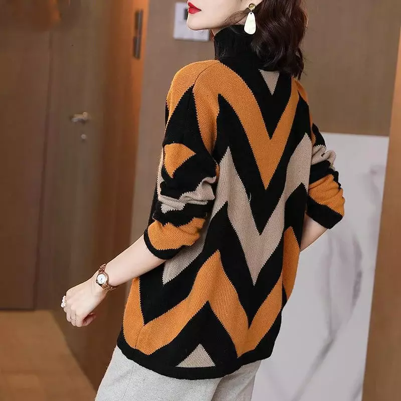 Fashion Turtleneck Color Spliced Knitted Casual Sweaters Women's Clothing 2023 Winter Loose Korean Pullovers Commuter Warm Tops