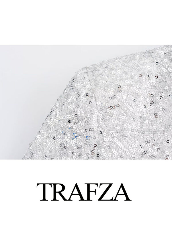 TRAFZA Women Fashion Chic Long Sleeves Silver Sequins Blazers Coat Woman Loose V-Neck Pocket Slim Casual Jacket Top Streetwear