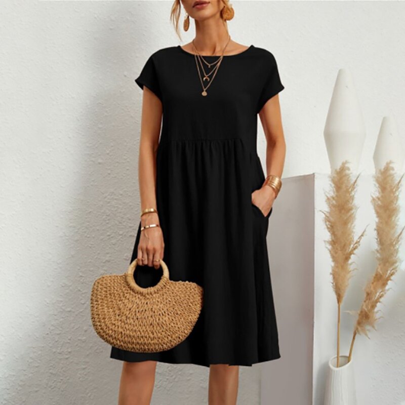 Women Casual Dresses Summer Vintage Style Female O-neck Solid Color Comfortable Knee-Length with Pockets Simple Female Dress