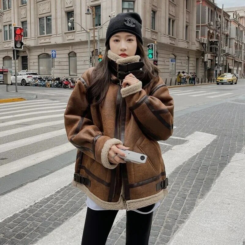2023 Winter Sheepskin Faux Suede Jackets for Women Winter Warm Faux Fur Coat Women Long Sleeve Zipper Short Casual Jackets Coat