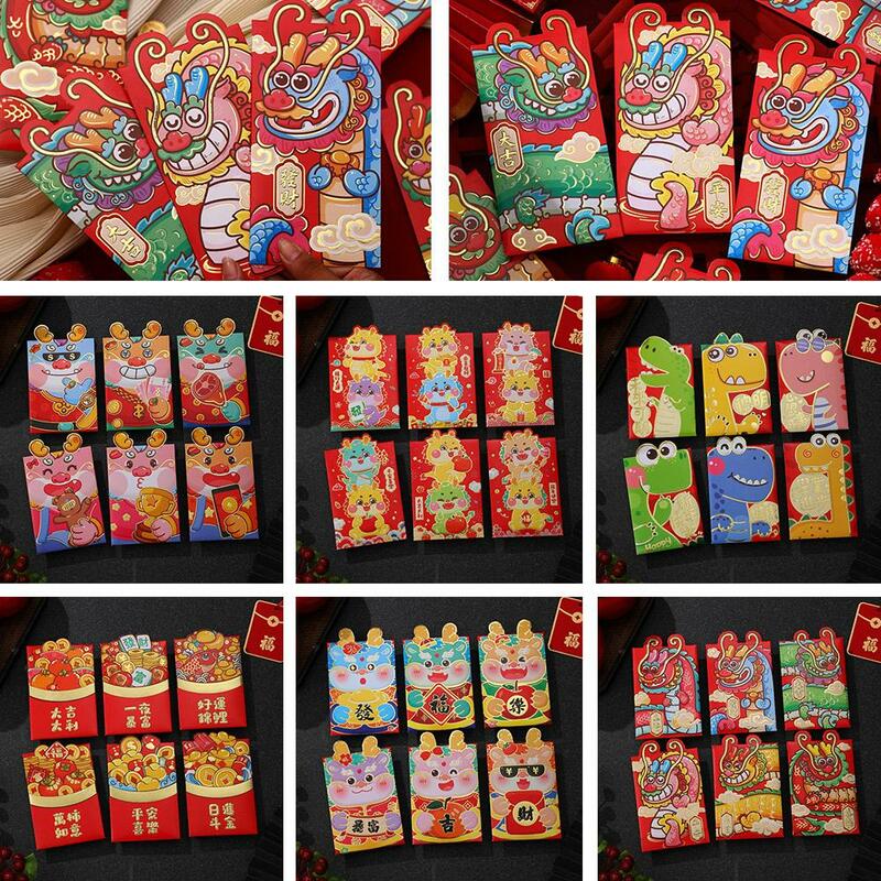 6pcs Cartoon Chinese New Year Lucky Red Envelope 2024 Dragon Year Red Packet Bag Good Luck In The New Year Gift Pocket