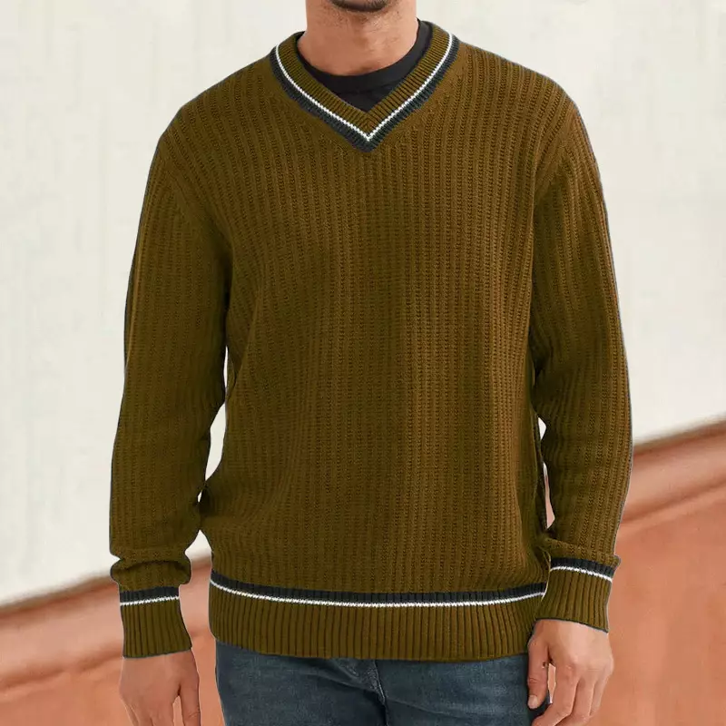 Suéter de manga larga con cuello en V para hombre, Jersey de punto Jacquard a rayas, Tops casuales, moda de invierno