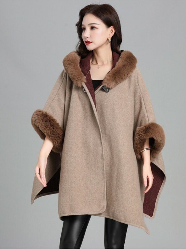 Poncho de malha de pele de coelho Rex feminino, capa elegante, casaco de lã extragrande, solto, xale, inverno, primavera, 2021