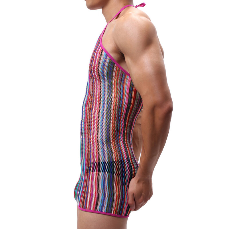 Bodysuit jaring-jaring seksi untuk pria, pakaian tidur jala Lingerie tanpa lengan, Pantyhose elastis nyaman
