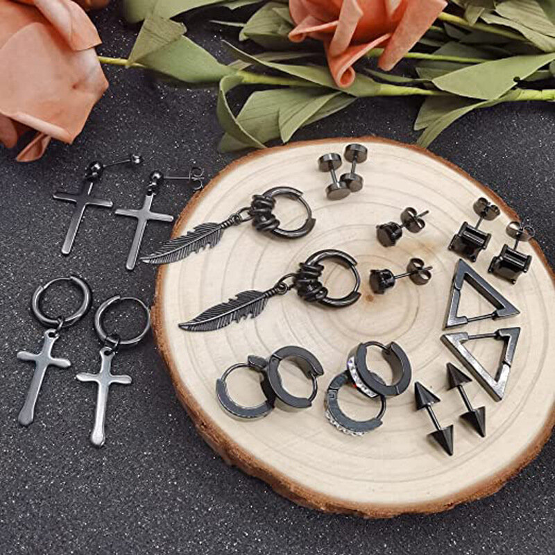 Conjunto de brincos de argola para homens, cruz gótica preta, joias redondas, pop da rua, hip hop, 11, 12, 13, 15, 17 pares