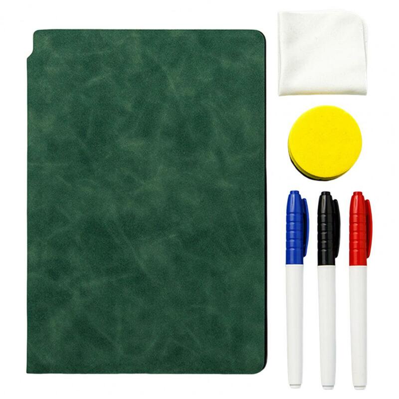 Reutilizável Faux Leather Notebook com Marcador, A5 Escrita Notepad, Duplo Lado Whiteboard, Material de Escritório Estudantes, 1 Conjunto