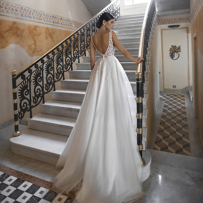 COZOK 여성용 스파게티 스트랩 V넥 웨딩 드레스, 2024 여름 민소매 부드러운 얇은 명주 그물 신부 가운, 레이스 베스티도스
