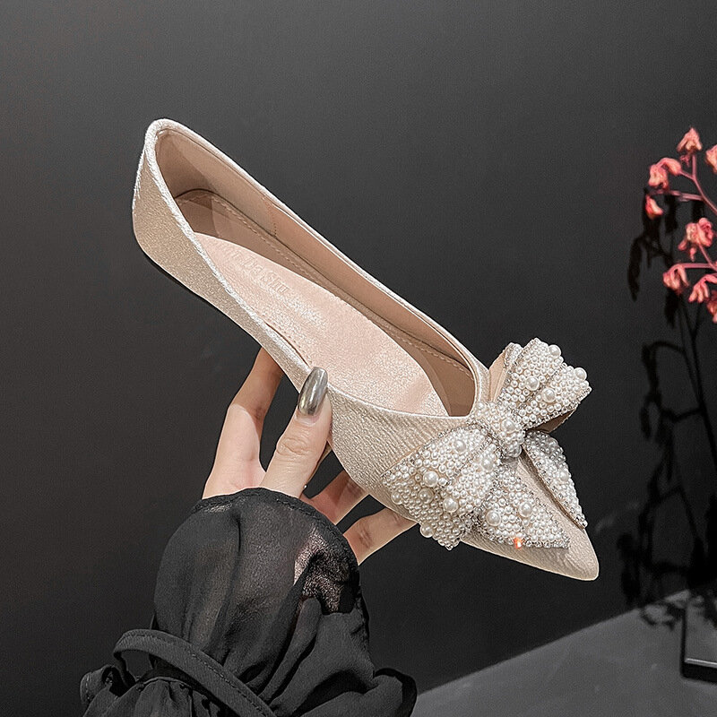 Single Shoe Women's 2024 Spring New Bow Rhinestone Shoes Shallow Mouth Soft Sole Large Women's Shoes