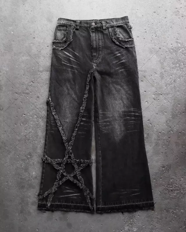 Harajuku fashion high-waisted baggy jeans High Street retro stars furred jeans Men y2k Goth casual straight leg wide-leg pants
