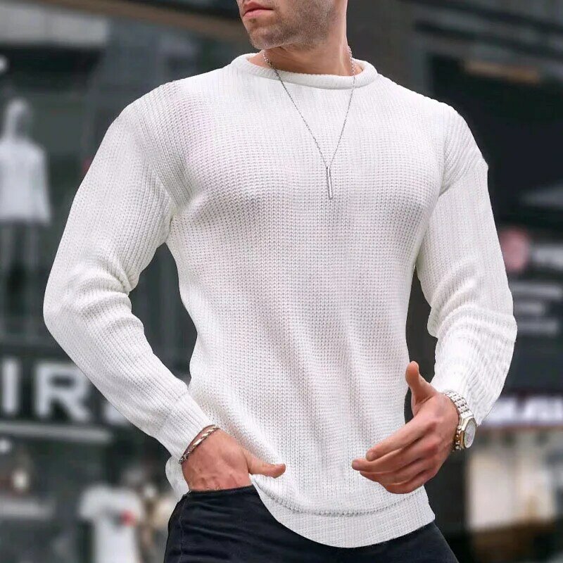 Suéter monocromático de manga longa masculino, blusa de malha fina, jumper casual fino, tops básicos de malha, o pescoço, lazer, outono, inverno
