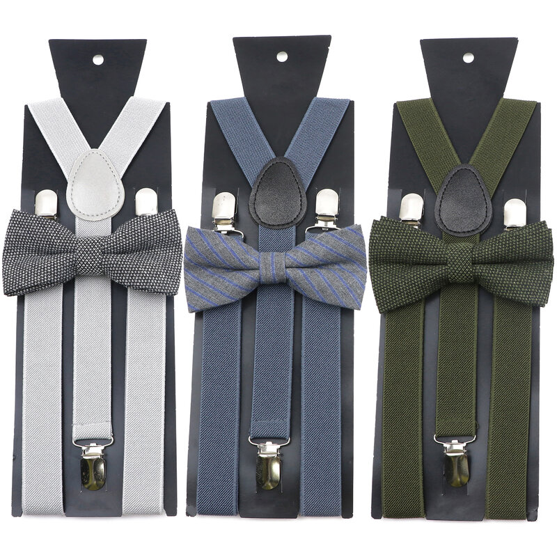 Solid Color Elastic Leather Suspender Striped Bowtie Set Hot Classic Men Suit Shirt Accessory Party Wedding Dinner Y-Back Braces