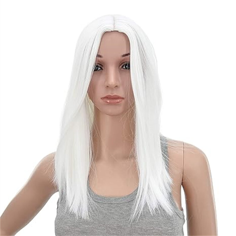 14-Inch Short Straight Middle Hair Straightener Woman Medium Length Synthetic Heat Resistant Wigs for Women with Wig Cap (White)
