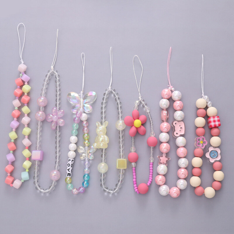 Trendy Laser Butterfly Beaded Mobile Phone Chain Lanyard Acrylic Beads Cell Phone Wrist Strap Phone Pendants Hanging Cord