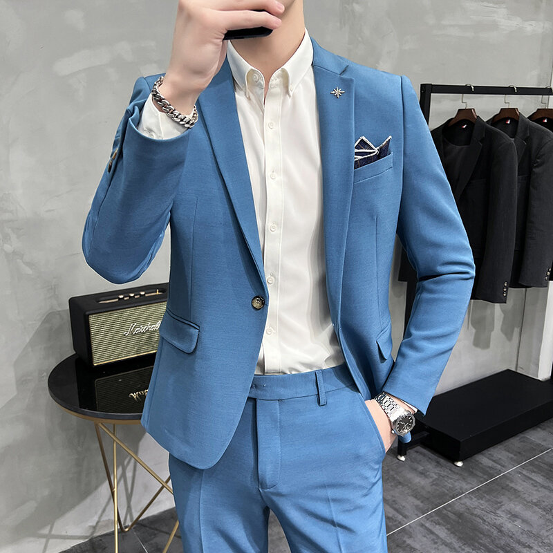 Setelan pakaian pernikahan pria, blazer kasual warna polos Slim Fit, jaket + celana Bisnis Pria 2 potong