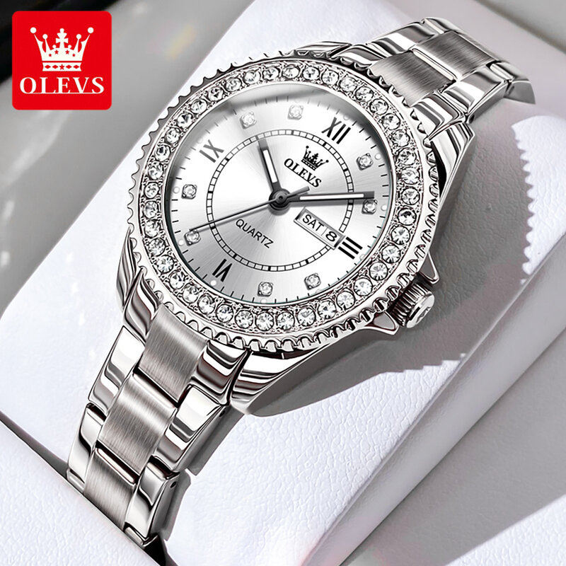 OLEVS-reloj de cuarzo de alta calidad para mujer, pulsera de regalo, correa de acero inoxidable, calendario Original, elegante y a la moda