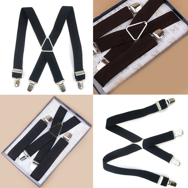 1pc Unisex Men Women 4 Clip Cross Strap Solid Color Fashion Bib Pants Elastic Suspenders Braces X Back Male Strap Accessories
