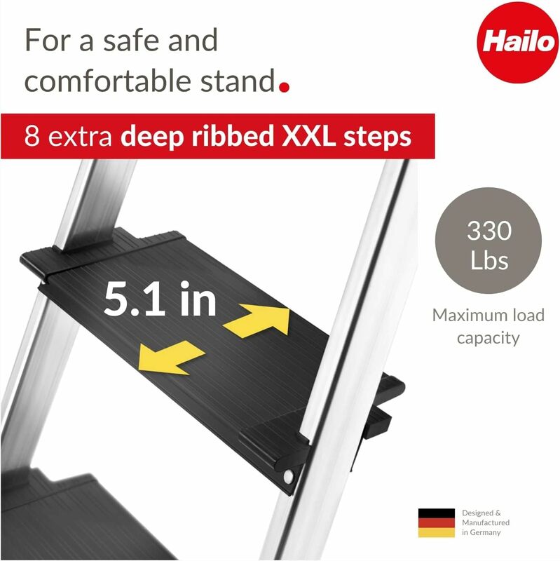 Hailo L100 Pro Stepladder plegable de aluminio, Riel de seguridad extensible de ocho pasos, bandeja de almacenamiento multifuncional integrada